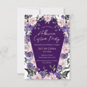 Invitation Fête d'Halloween Fleurie Gothique Violet Cercueil