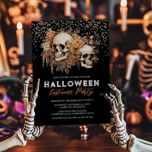 Invitation Fête d'Halloween Florale et Crâne Élégant