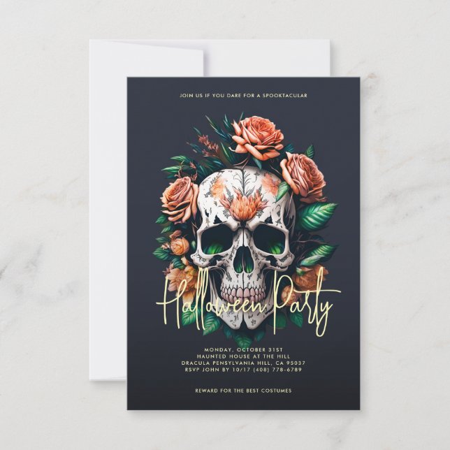 Invitation Fête d'Halloween florale gris foncé (Devant)