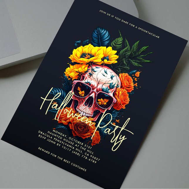 Invitation Fête d'Halloween florale moderne (Floral Skull Halloween Party Invitation
)