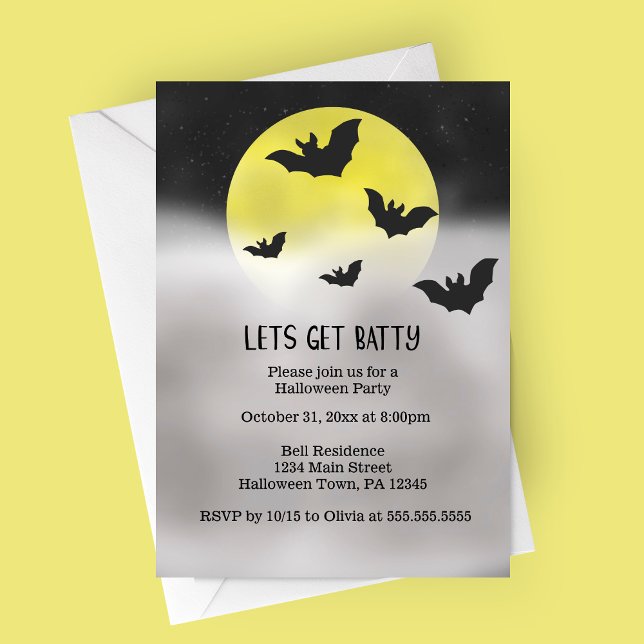 Invitation Fête d'Halloween Fou des Chauves-Souris (Let's Get Batty | Bat Themed Halloween Party Invitation | Full Moon Foggy Night)