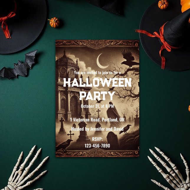 Invitation Fête d'Halloween gothique victorienne (Gothic Victorian Graveyard Halloween Party Invitation)