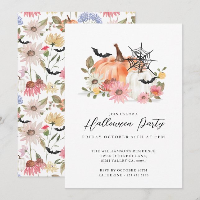 Invitation Fête d'Halloween Jaune et Citrouille blanc fleur s (Devant / Derrière)