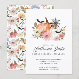 Invitation Fête d'Halloween Jaune et Citrouille blanc fleur s