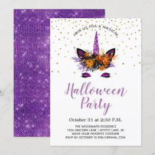 Invitation Fête d'Halloween Licorne Paillettes Violettes