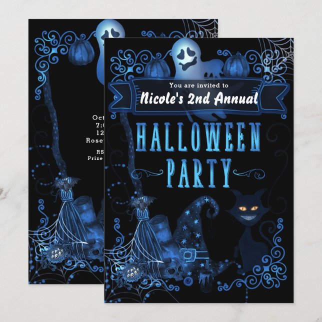 Invitation Fête d'Halloween magique Chat noir Lumière bleue (Devant / Derrière)