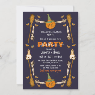 Invitation Fête d'Halloween Main de squelette Balai de sorciè