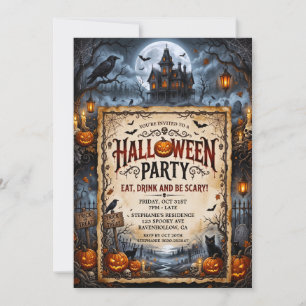 Invitation Fête d'Halloween Maison Hantée Chauves-souris Chat