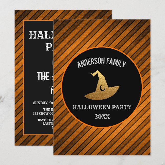 Invitation Fête d'Halloween moderne Orange et sorcière noire (Devant / Derrière)