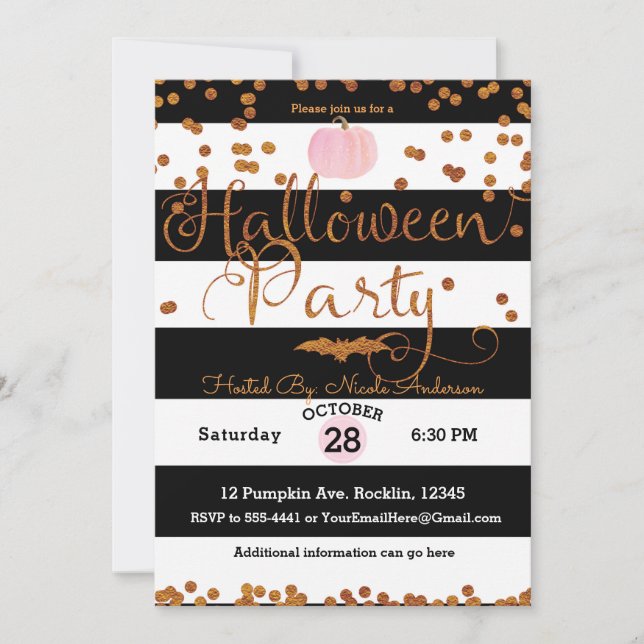 Invitation Fête d'Halloween Noir Blanc Rose Orange Chic (Devant)