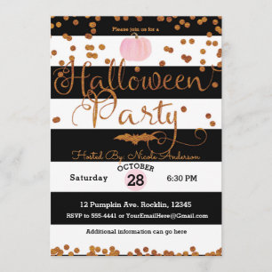 Invitation Fête d'Halloween Noir Blanc Rose Orange Chic