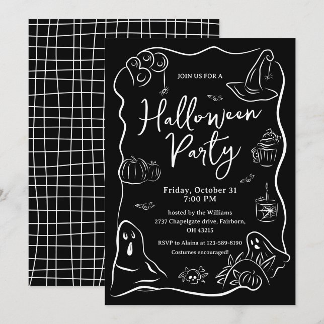 Invitation Fête d'Halloween noir et blanc (Devant / Derrière)