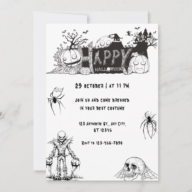 Invitation Fête d'Halloween noir et blanc effrayant (Devant)