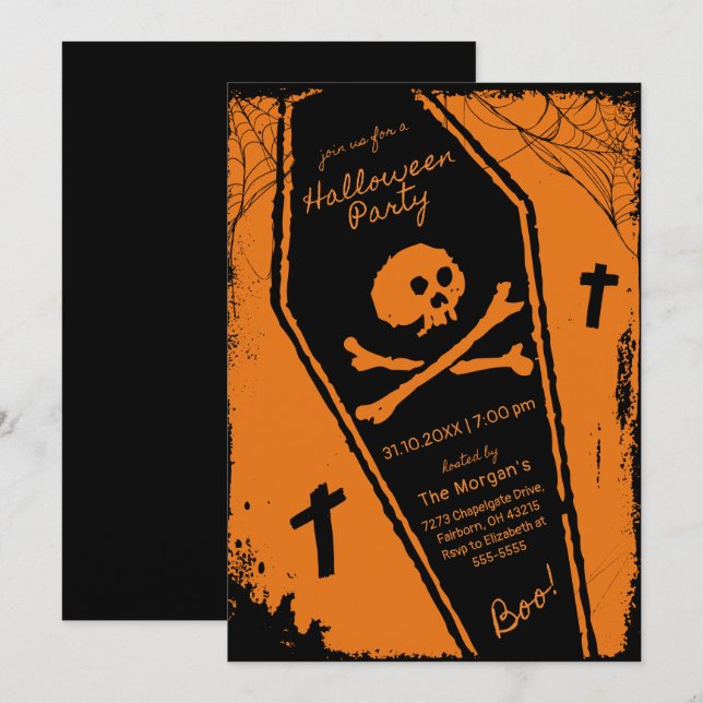 Invitation Fête d'Halloween noir et orange à la main (Devant / Derrière)