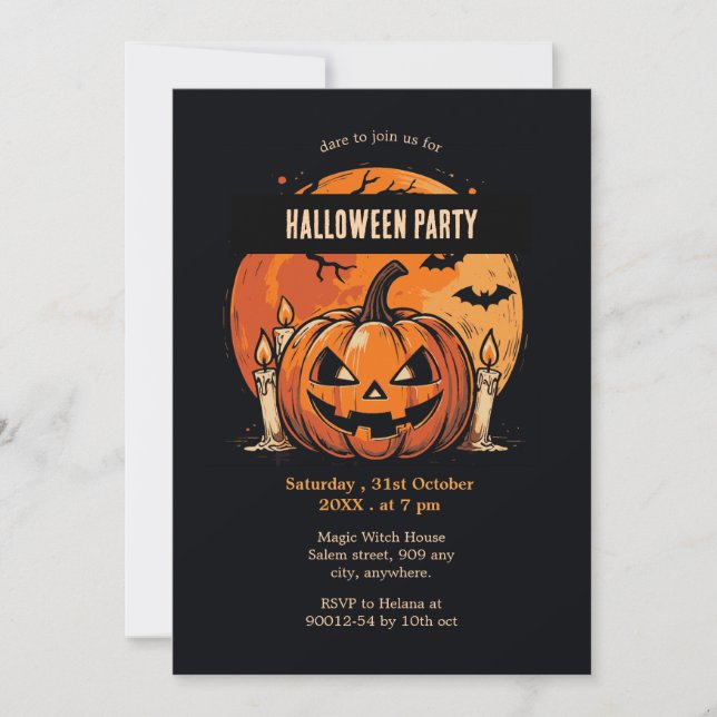 Invitation Fête d'Halloween noir et orange citrouille (Devant)