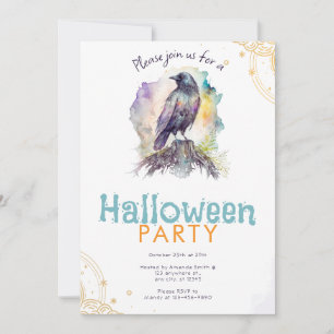 Invitation Fête d'Halloween Or et Pastel Corbeau Noir