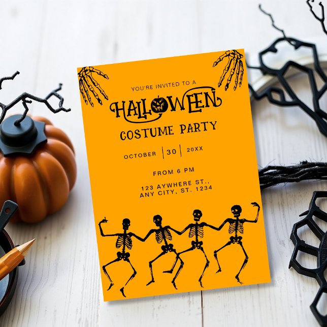Invitation Fête d'Halloween orange et noir de squelette effra (Créateur téléchargé)