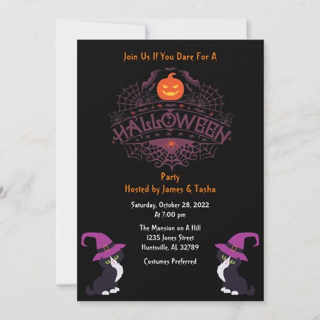 Invitation Fête d'Halloween orange noir et violet (Devant)