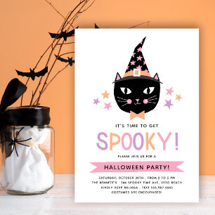 Invitation Fête d'Halloween pastel de chat sorcière noire mig
