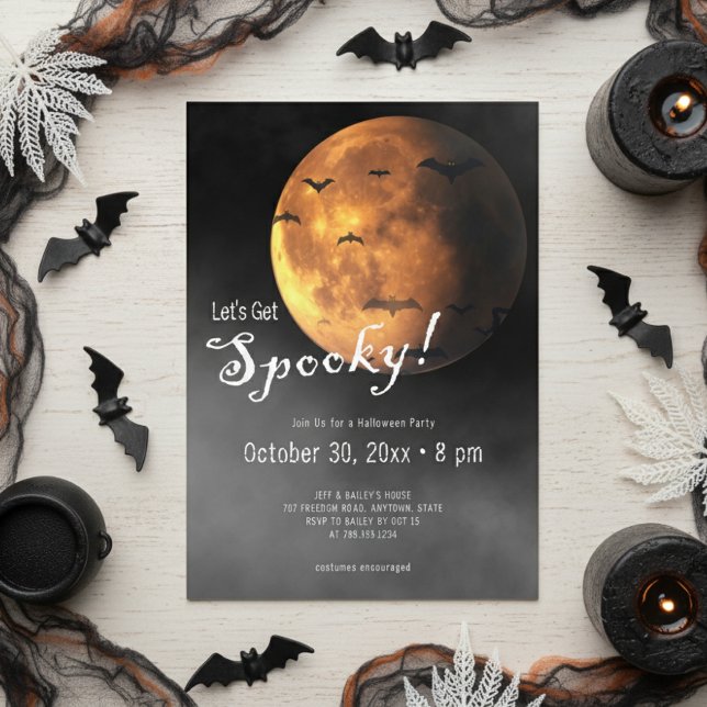 Invitation Fête d'Halloween Pleine lune et chauves-souris Éff (Créateur téléchargé)