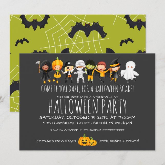 Invitation Fête d'Halloween pour enfants Soirée costumée (Devant / Derrière)