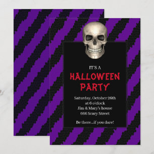 Invitation Fête d'Halloween rayure violette crâne gothique