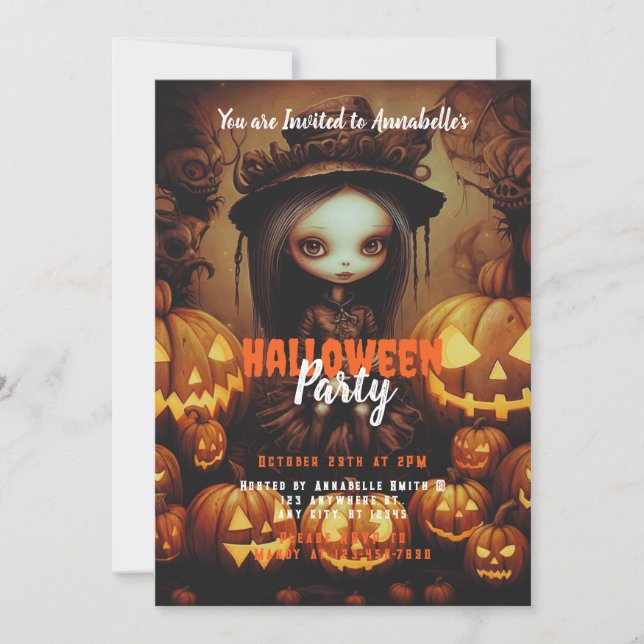 Invitation Fête d'Halloween sorcière et Jack-O' Lanterns (Devant)