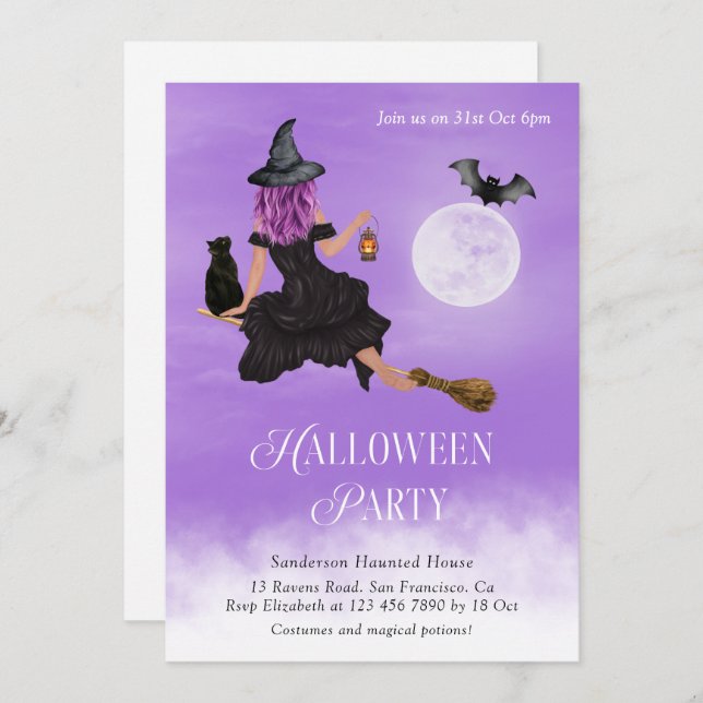 Invitation Fête d'Halloween sorcière magique (Devant / Derrière)