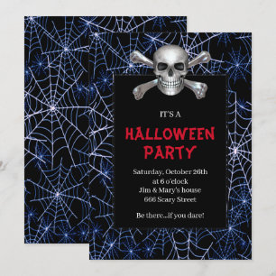Invitation Fête d'Halloween Toile d'Araignée Bleue Crâne et O