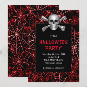 Invitation Fête d'Halloween Toile d'Araignée Rouge Crâne et O
