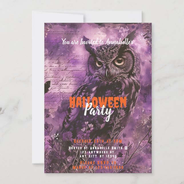 Invitation Fête d'Halloween violet de chouette chouette (Devant)