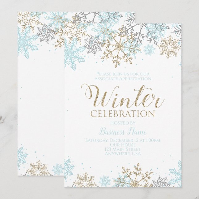 Invitation Fête d'hiver Bleu Or Flocons de neige (Devant / Derrière)
