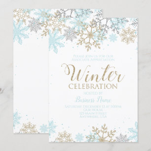 Invitation Fête d'hiver Bleu Or Flocons de neige