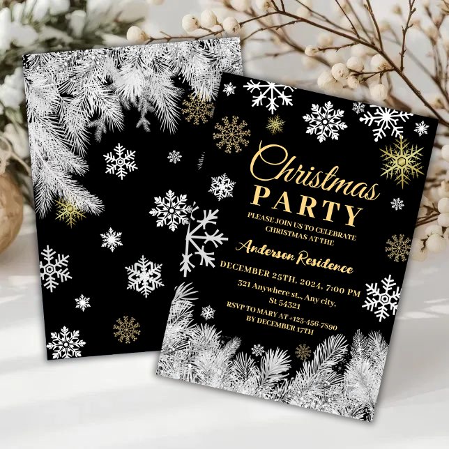 Invitation Fête d'hiver noir de pin de neige moderne (Créateur téléchargé)