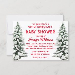 Invitation Fête d'hiver Paysage enneigé Pin Rouge Baby Shower