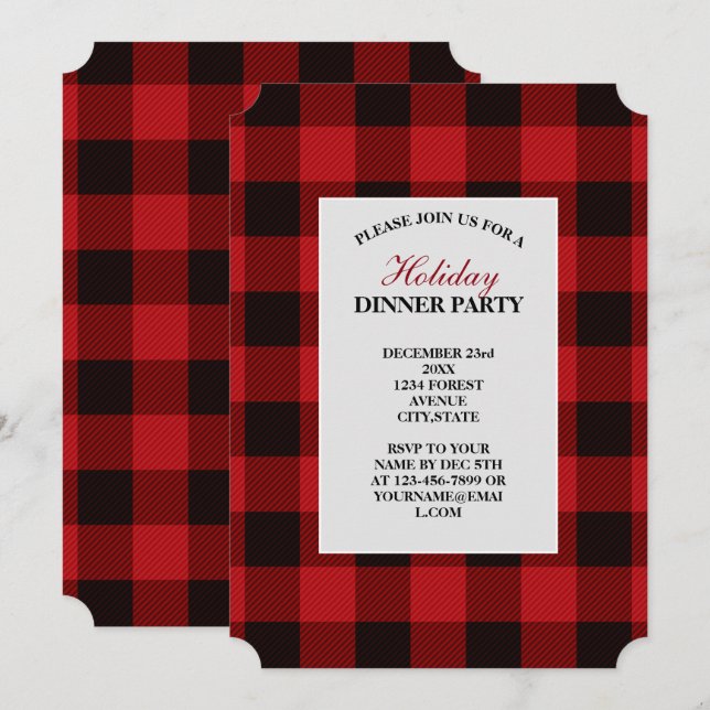 Invitation fête d'hiver rustique bûcheron rouge (Devant / Derrière)