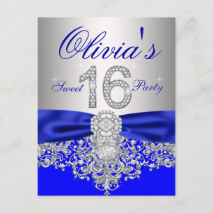 Invitation Fête Diamants Royal Bleu et Argent Sweet 16