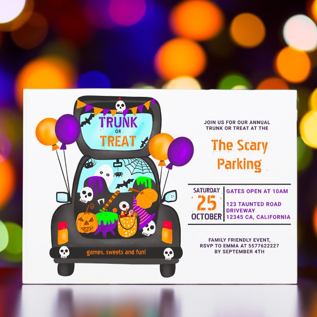 Invitation Fête d'illustration du coffre d'Halloween (Halloween trunk or trick car illustration party invitation)