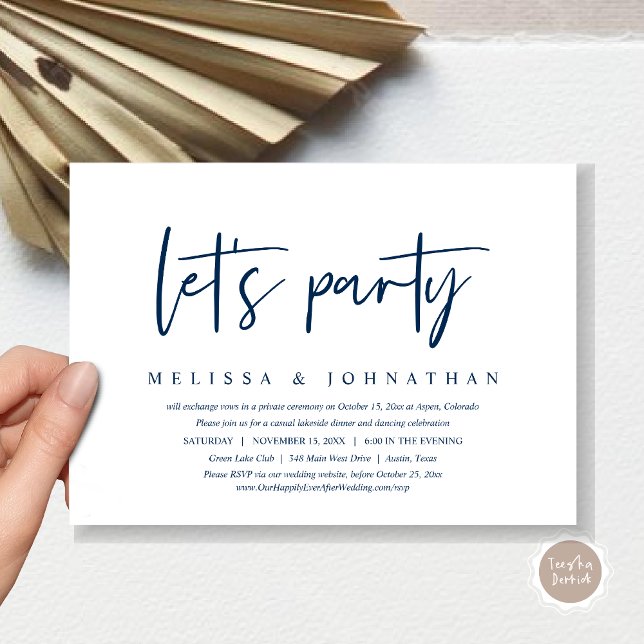 Invitation Fête, dîner décontracté de mariage en elopement (Let's Party, Post Wedding Elopement Dinner and Party Celebration Invitation Card, in Navy Blue)