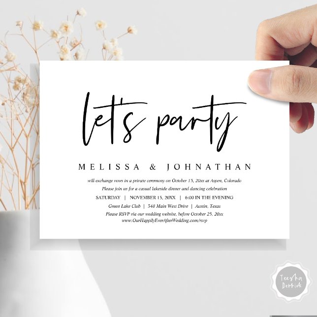 Invitation Fête, dîner d'élopement de mariage décontracté (Let's Party, Post Wedding Elopement Dinner and Party Celebration Invitation Card, in Black and White)