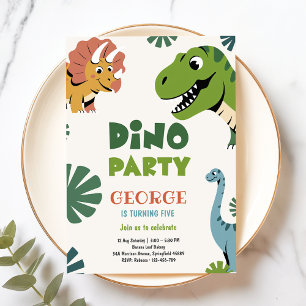 Invitation Fête Dino Dinosaures drôles et mignons pour un 5