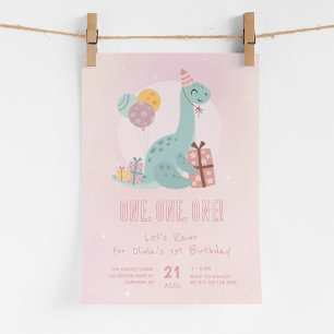 Invitation Fête Dino Rawr Rose 1er Anniversaire