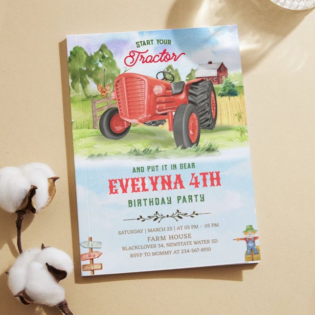 Invitation Fête d'invitation à l'anniversaire du tracteur mod (Editable Tractor Birthday Invitation Party)
