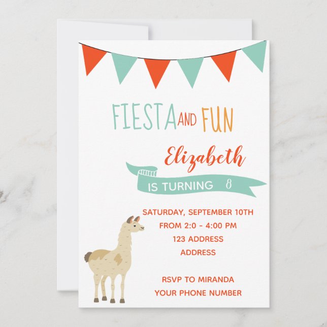 Invitation Fête d'invitation de 8e anniversaire avec lama (Devant)