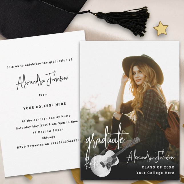 Invitation Fête d'obtention d'un diplôme de photographie mode (Modern trendy vertical photo Graduation announcement party invitation rustic country music guitar)