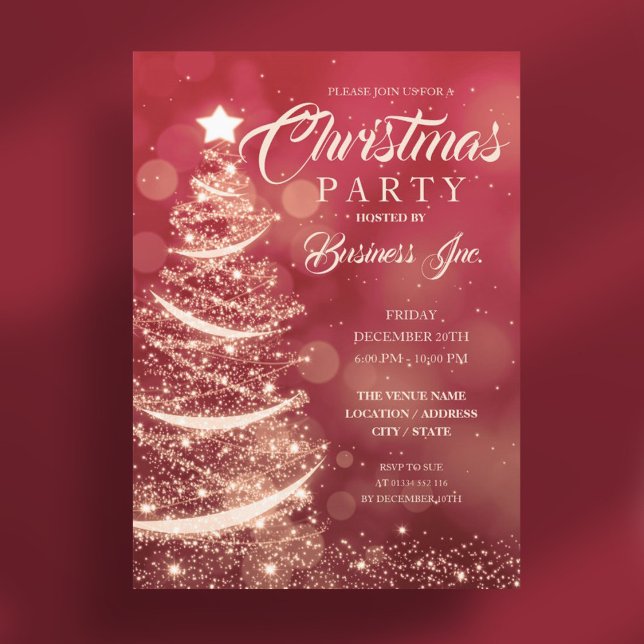 Invitation Fête d'or rouge de l'arbre de Noël de l'entreprise (CORPORATE Christmas Tree Sparkle Red Gold Party Invitation)