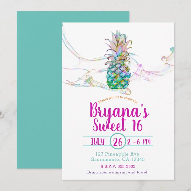 Invitation Fête Douce 16 Ans Couleurs Arc-en-ciel Ananas (Devant / Derrière)