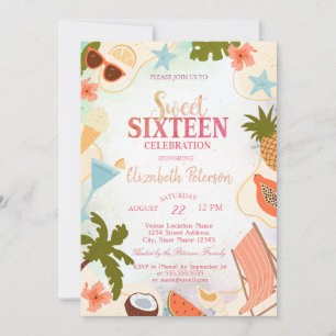 Invitation Fête douce 16 ans de fête au bord de la piscine en