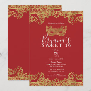 Invitation Fête Douce 16 Ans Mascarade Rouge et Or Dentelle F