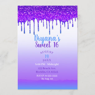 Invitation Fête Douce 16 ans Paillettes Violet Rose et Bleu q